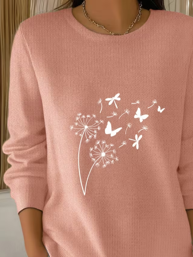Women Floral Printing Spring/Fall Casual Long Sleeve Crew Neck Sweater