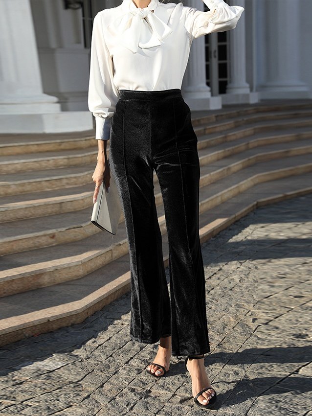 Women Plain Long Elastic Waist Pants Vintage Spring/Fall Trousers