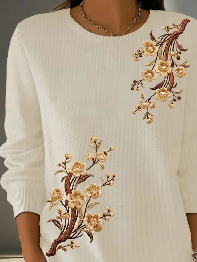 Women Floral Printing Spring/Fall Casual Long Sleeve Crew Neck Sweater