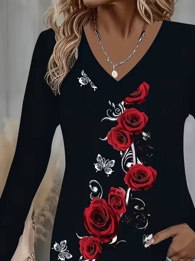 Women Floral Long Sleeve Tee T-shirt V Neck Printing Casual Spring/Fall Graphic Tee Top