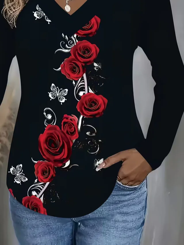 Women Floral Long Sleeve Tee T-shirt V Neck Printing Casual Spring/Fall Graphic Tee Top
