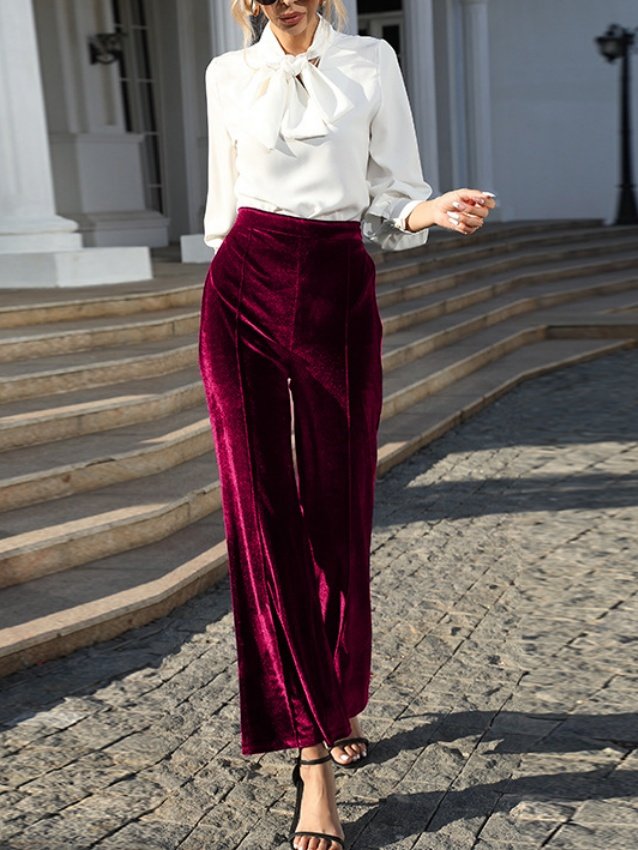 Women Plain Long Elastic Waist Pants Vintage Spring/Fall Trousers