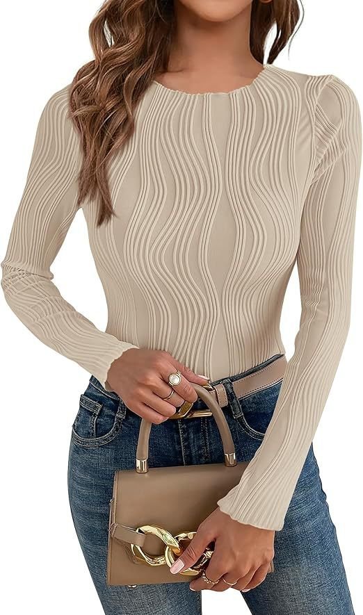 Women Striped Long Sleeve Tee T-shirt Crew Neck Jacquard Casual Spring/Fall Top