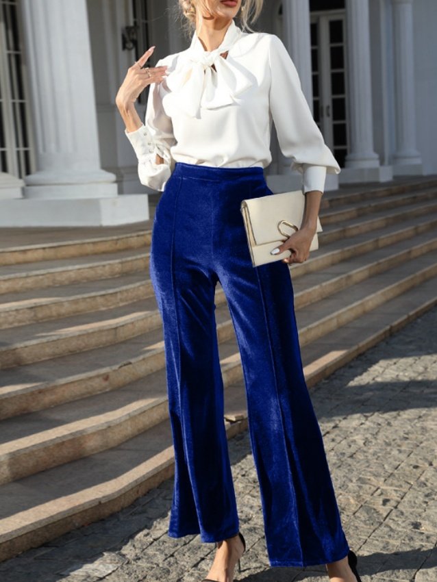 Women Plain Long Elastic Waist Pants Vintage Spring/Fall Trousers