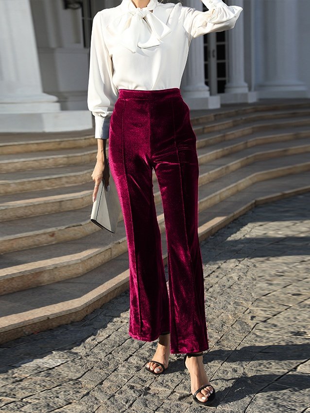 Women Plain Long Elastic Waist Pants Vintage Spring/Fall Trousers