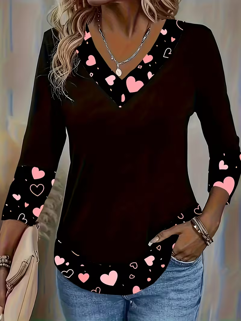 Women Heart/Cordate Long Sleeve Tee T-shirt V Neck Printing Casual Spring/Fall Graphic Tee Top
