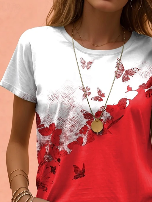 Women Butterfly Short Sleeve Tee T-shirt Crew Neck Printing Casual Summer Graphic Tee Top