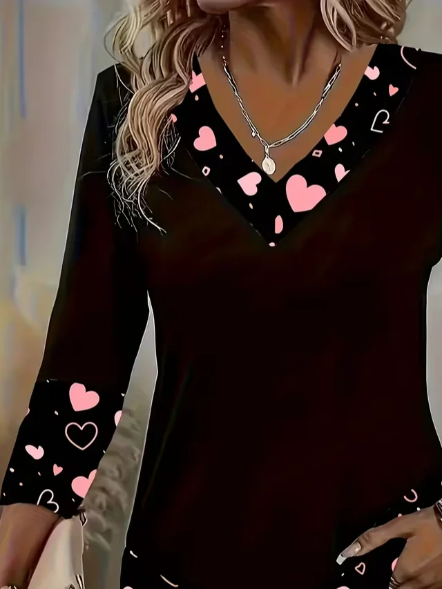 Women Heart/Cordate Long Sleeve Tee T-shirt V Neck Printing Casual Spring/Fall Graphic Tee Top