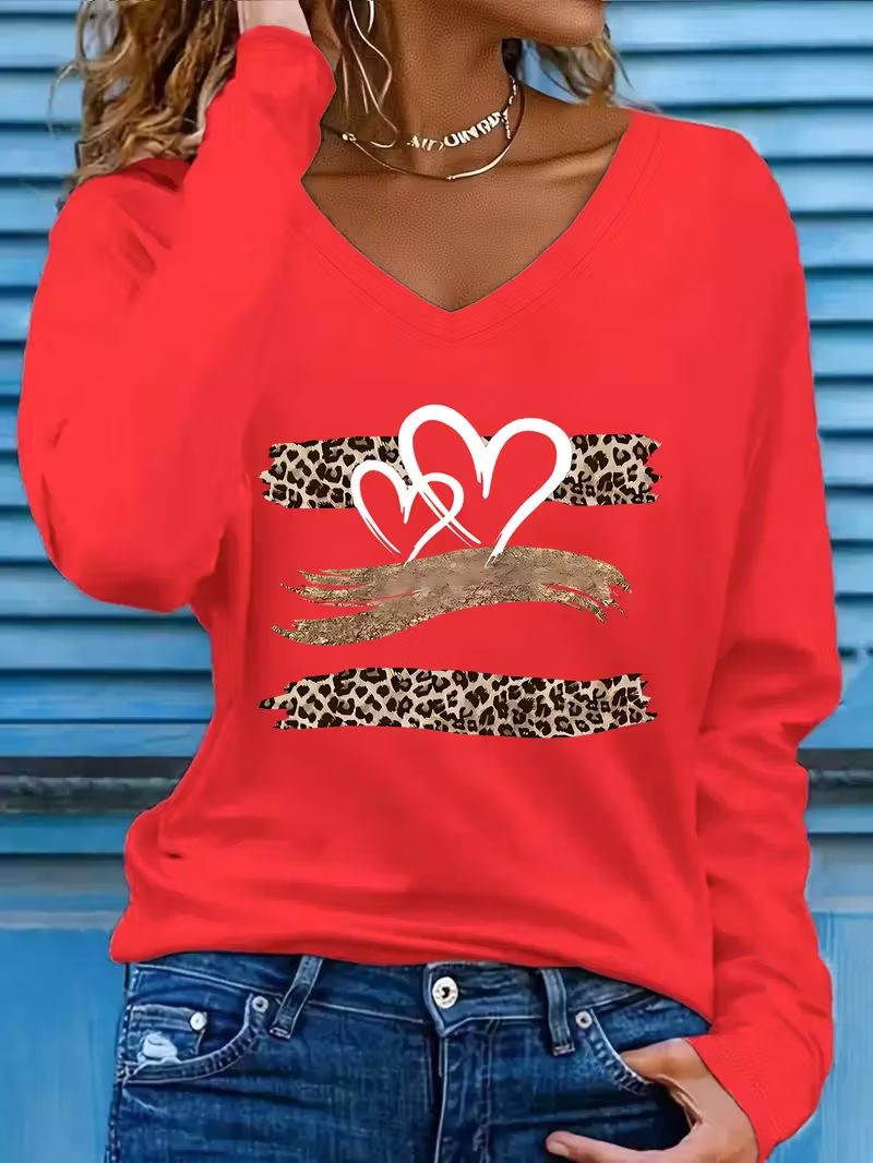 Women Leopard Long Sleeve Tee T-shirt V Neck Printing Casual Spring/Fall Graphic Tee Top