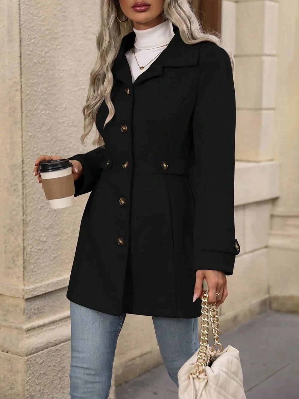 Women Spring/Fall Outerwear Casual Split Joint Plain Long Sleeve Shawl Collar Jacket