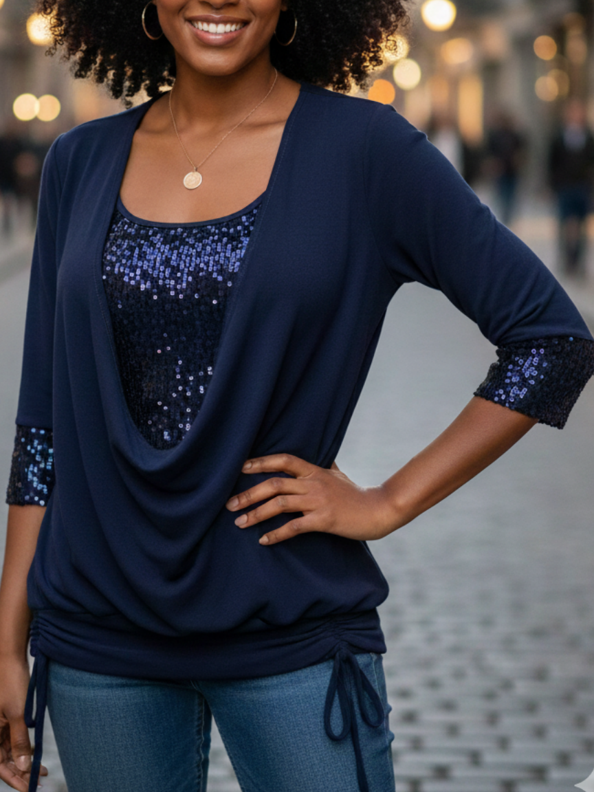 Women Plain Long Sleeve Tee T-shirt U-Neck Split Joint Vintage Spring/Fall Top