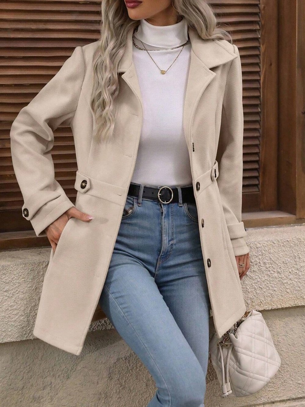 Women Spring/Fall Outerwear Casual Split Joint Plain Long Sleeve Shawl Collar Jacket