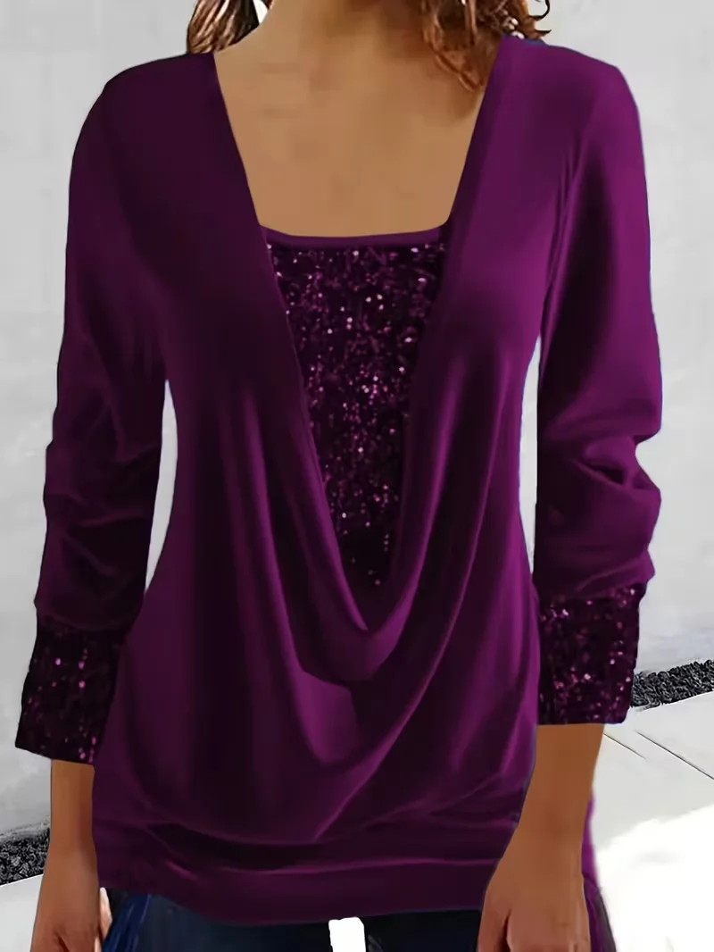 Women Plain Long Sleeve Tee T-shirt U-Neck Split Joint Vintage Spring/Fall Top