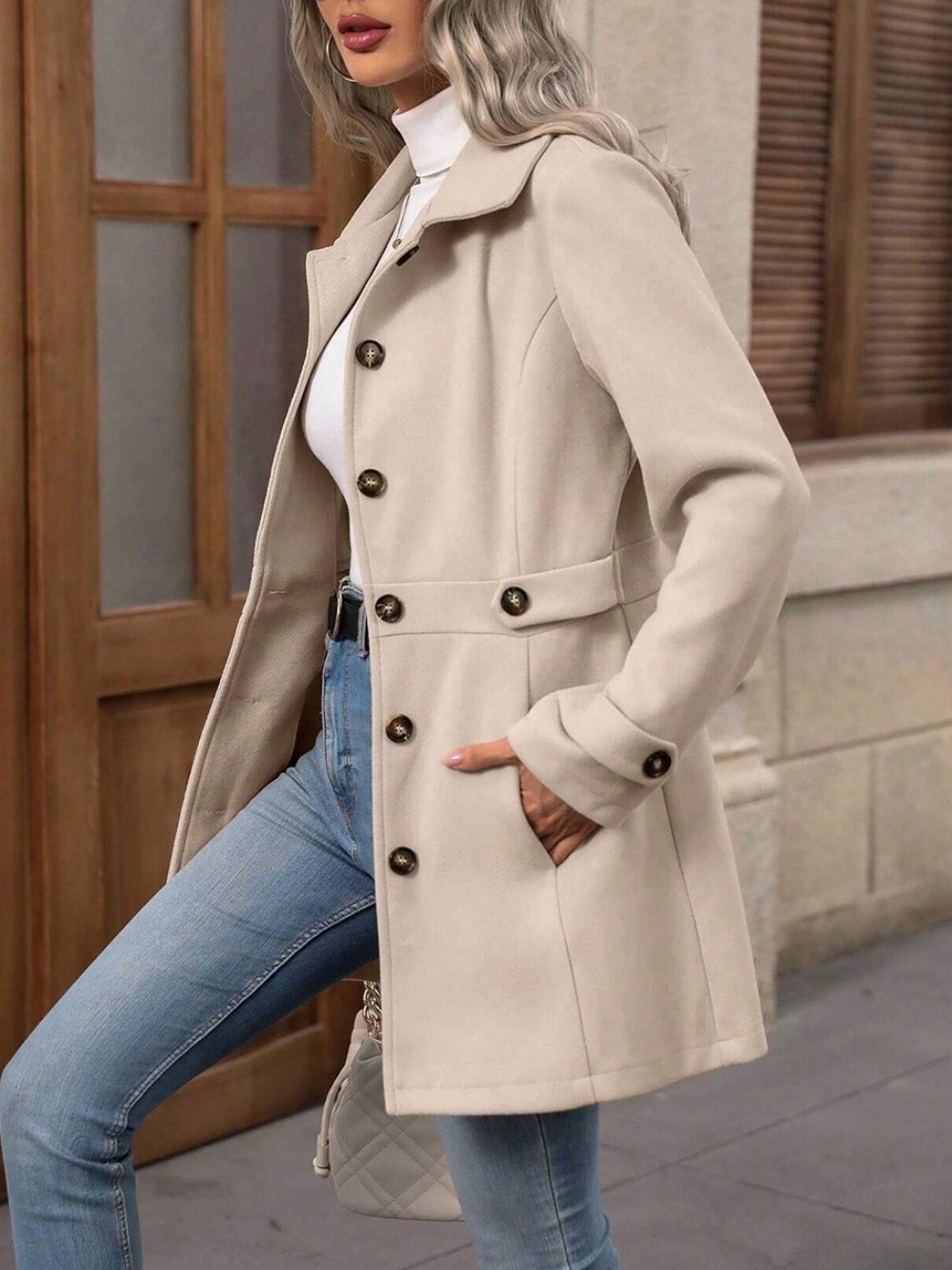 Women Spring/Fall Outerwear Casual Split Joint Plain Long Sleeve Shawl Collar Jacket