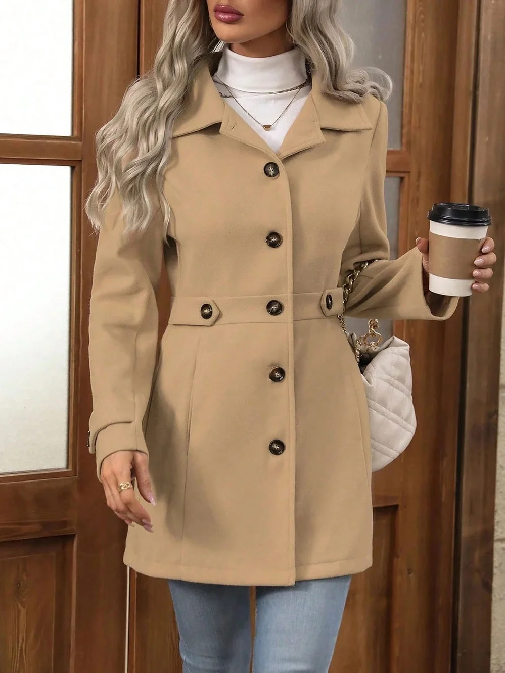Women Spring/Fall Outerwear Casual Split Joint Plain Long Sleeve Shawl Collar Jacket