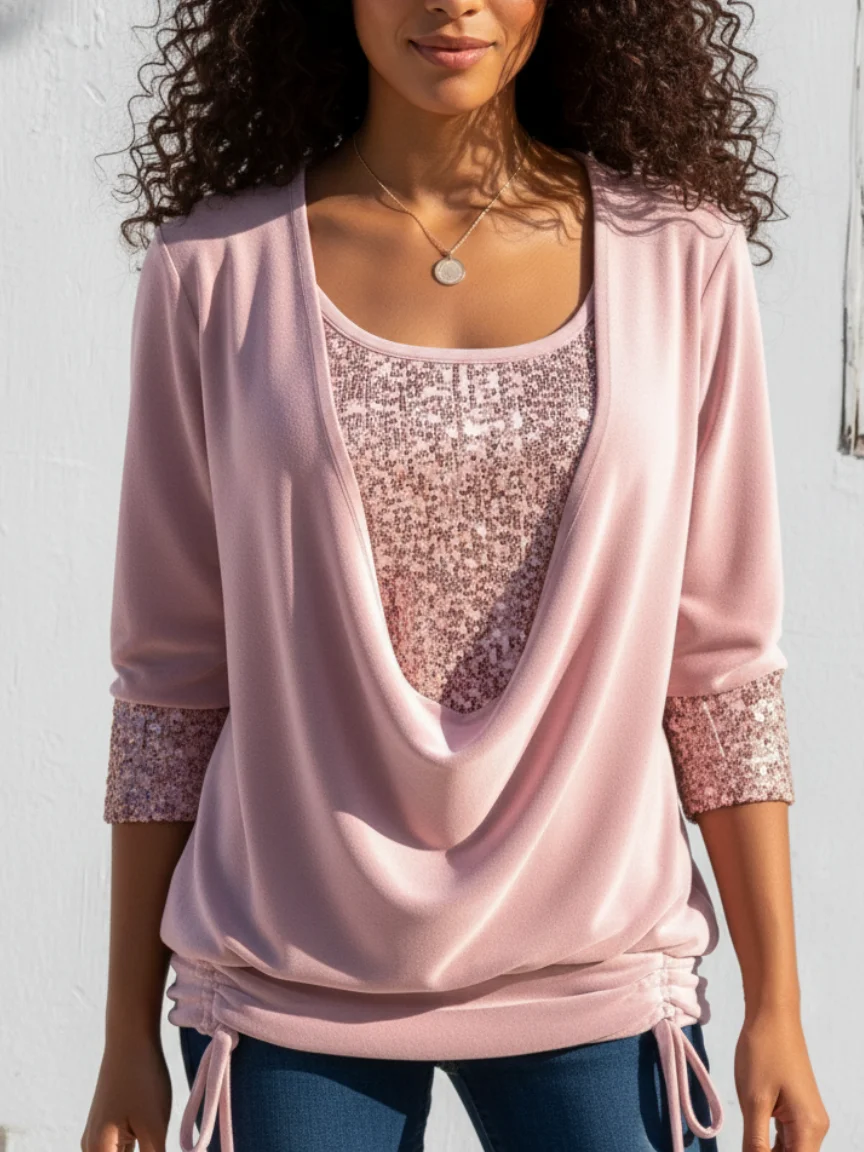 Women Plain Long Sleeve Tee T-shirt U-Neck Split Joint Vintage Spring/Fall Top