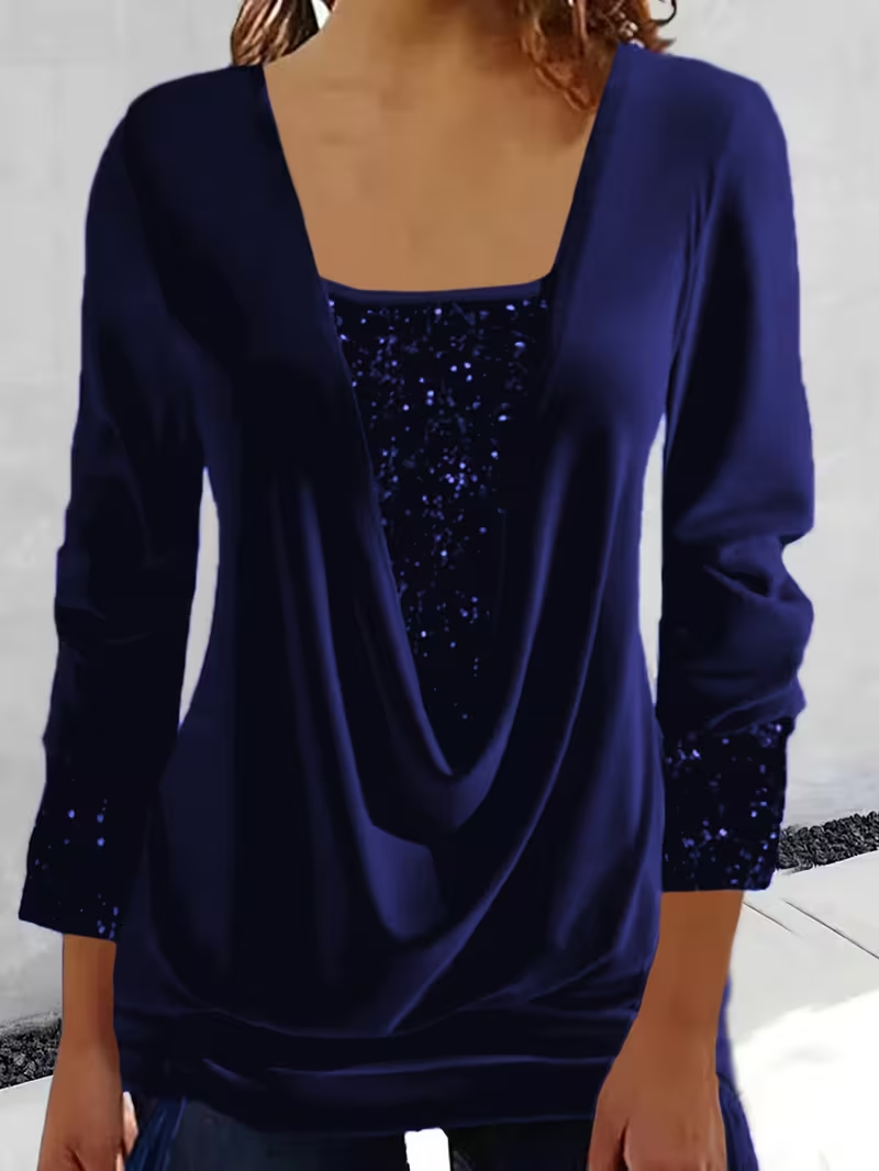 Women Plain Long Sleeve Tee T-shirt U-Neck Split Joint Vintage Spring/Fall Top