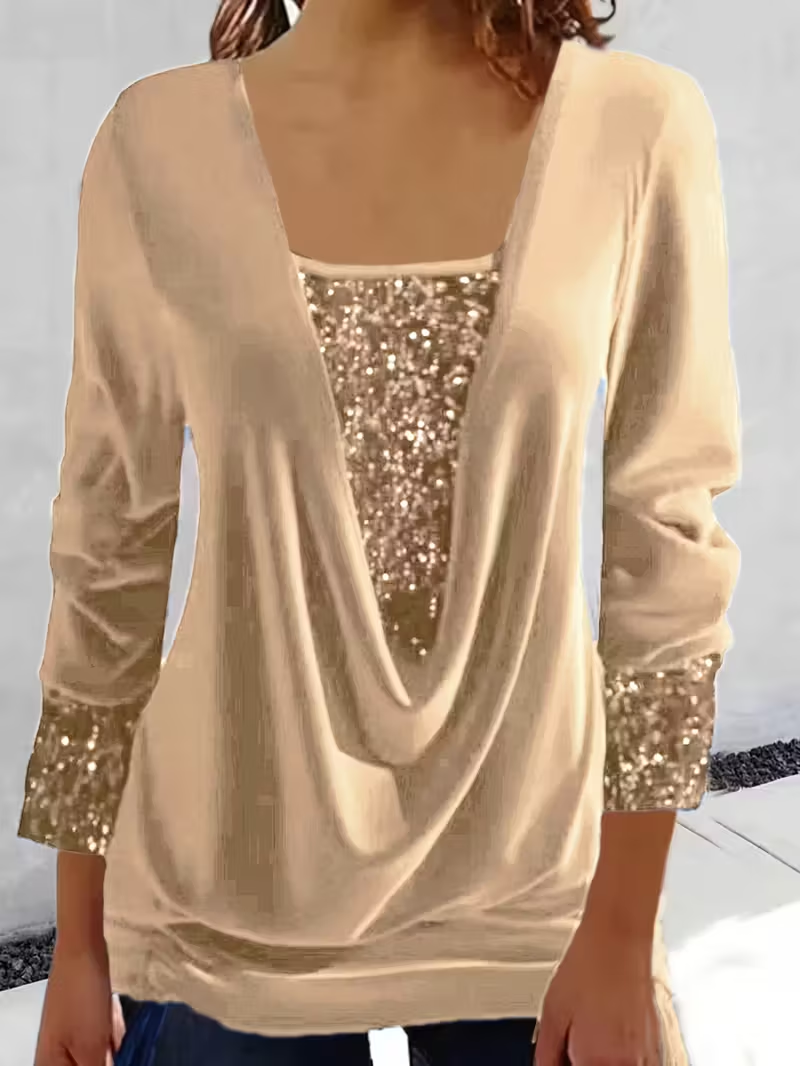 Women Plain Long Sleeve Tee T-shirt U-Neck Split Joint Vintage Spring/Fall Top