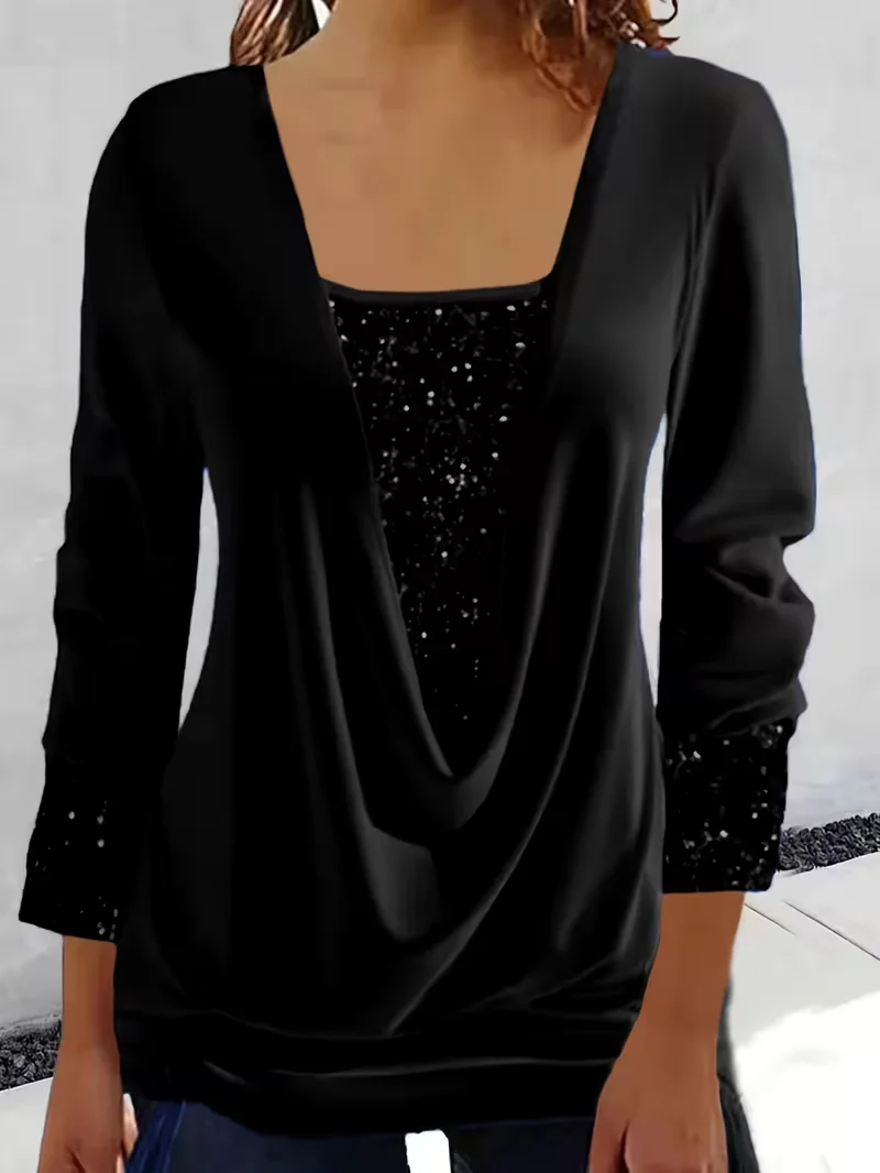 Women Plain Long Sleeve Tee T-shirt U-Neck Split Joint Vintage Spring/Fall Top