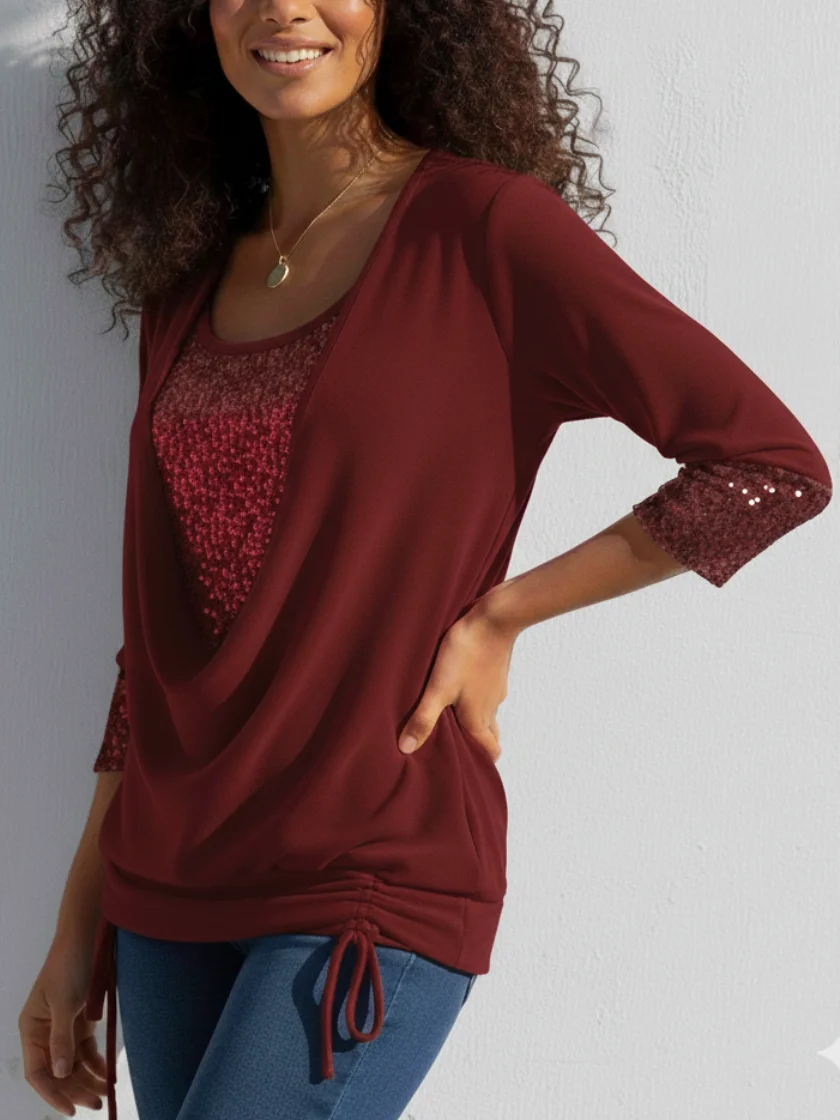 Women Plain Long Sleeve Tee T-shirt U-Neck Split Joint Vintage Spring/Fall Top