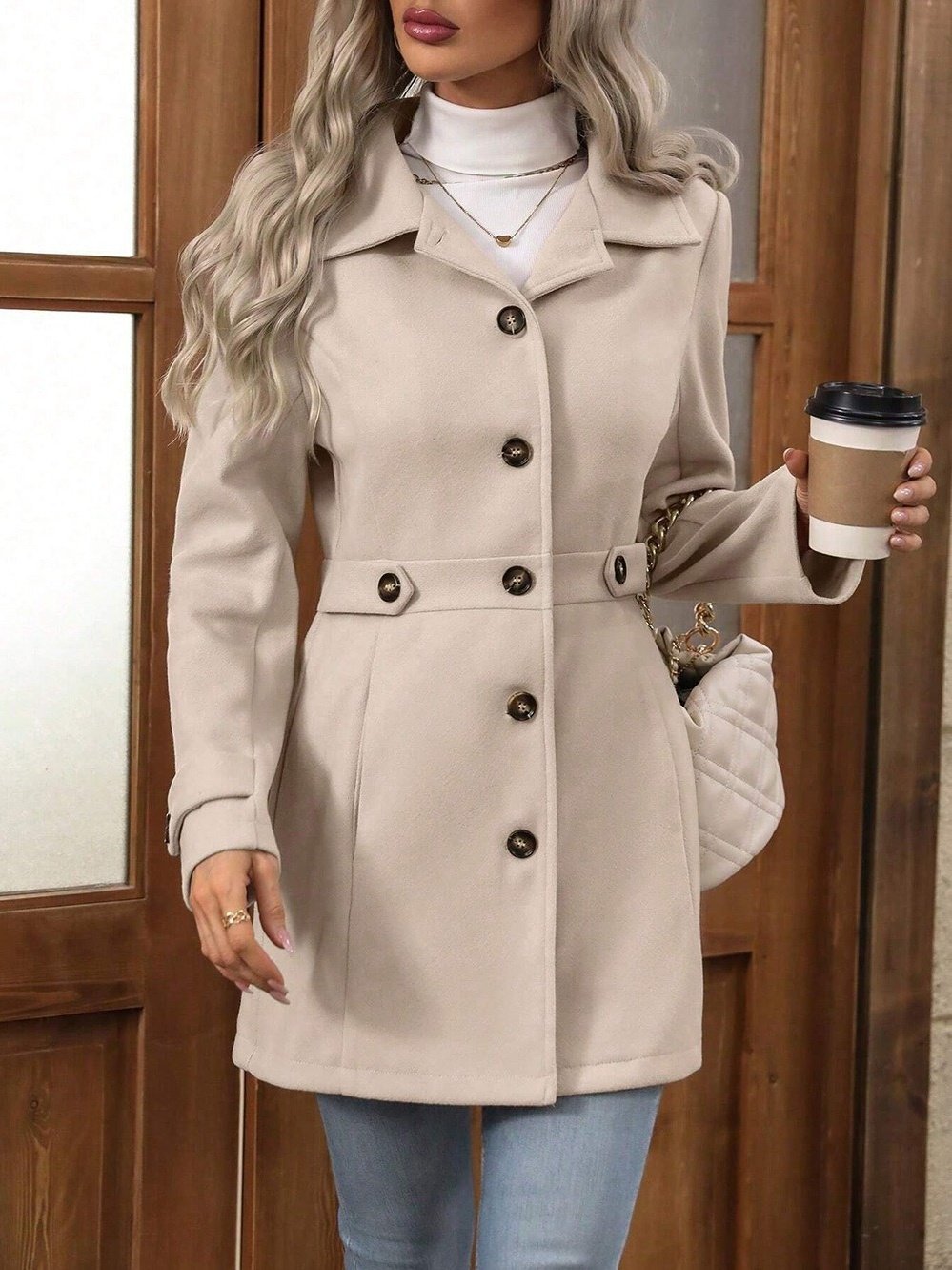 Women Spring/Fall Outerwear Casual Split Joint Plain Long Sleeve Shawl Collar Jacket