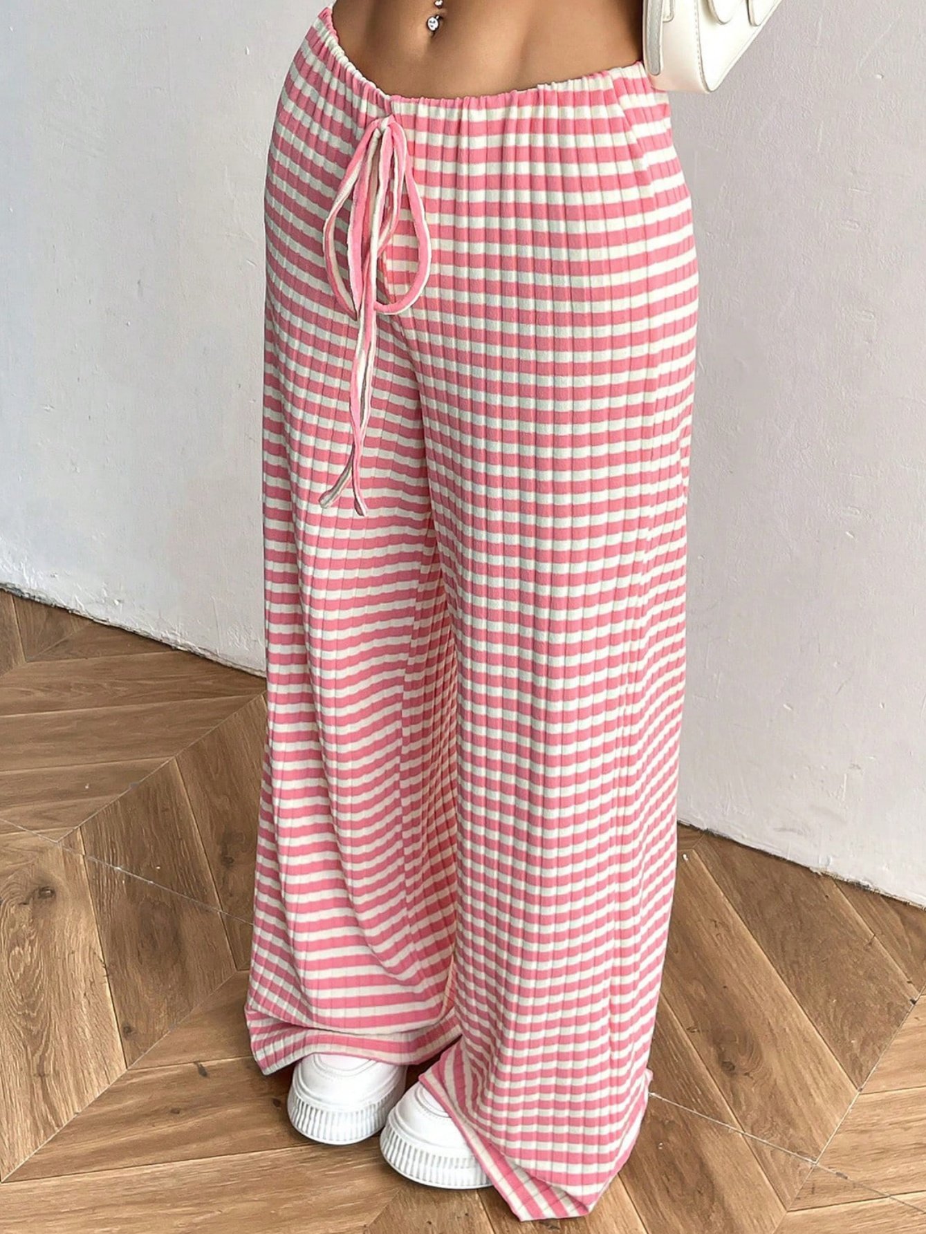 Women Striped Long Elastic Waist Pants Casual Spring/Fall Trousers