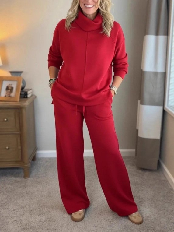 Women Plain Split Joint Two-Piece Set Daily Long Sleeve Casual Spring/Fall Top With Pants Matching Set