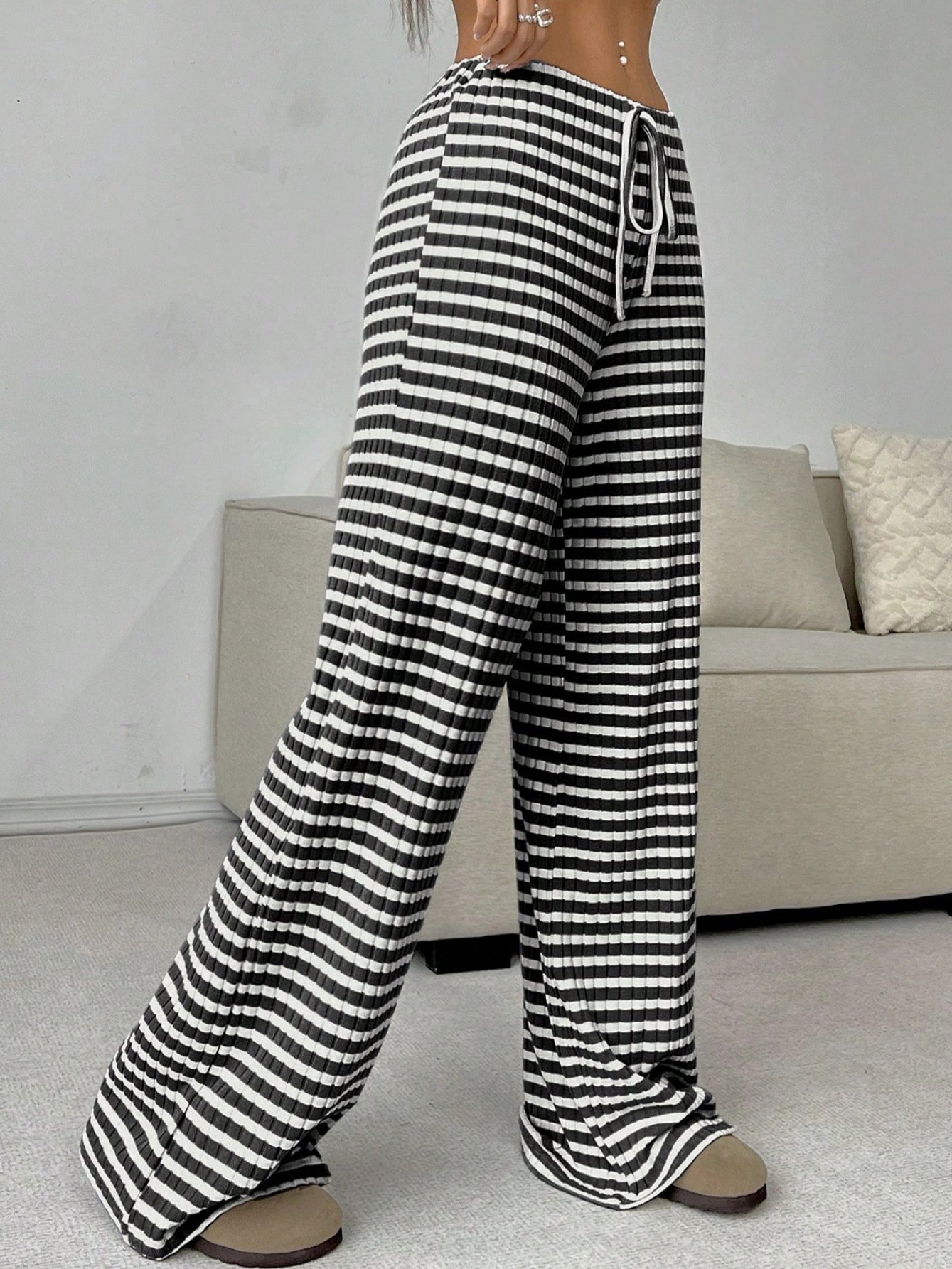 Women Striped Long Elastic Waist Pants Casual Spring/Fall Trousers