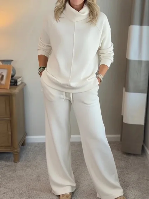 Women Plain Split Joint Two-Piece Set Daily Long Sleeve Casual Spring/Fall Top With Pants Matching Set