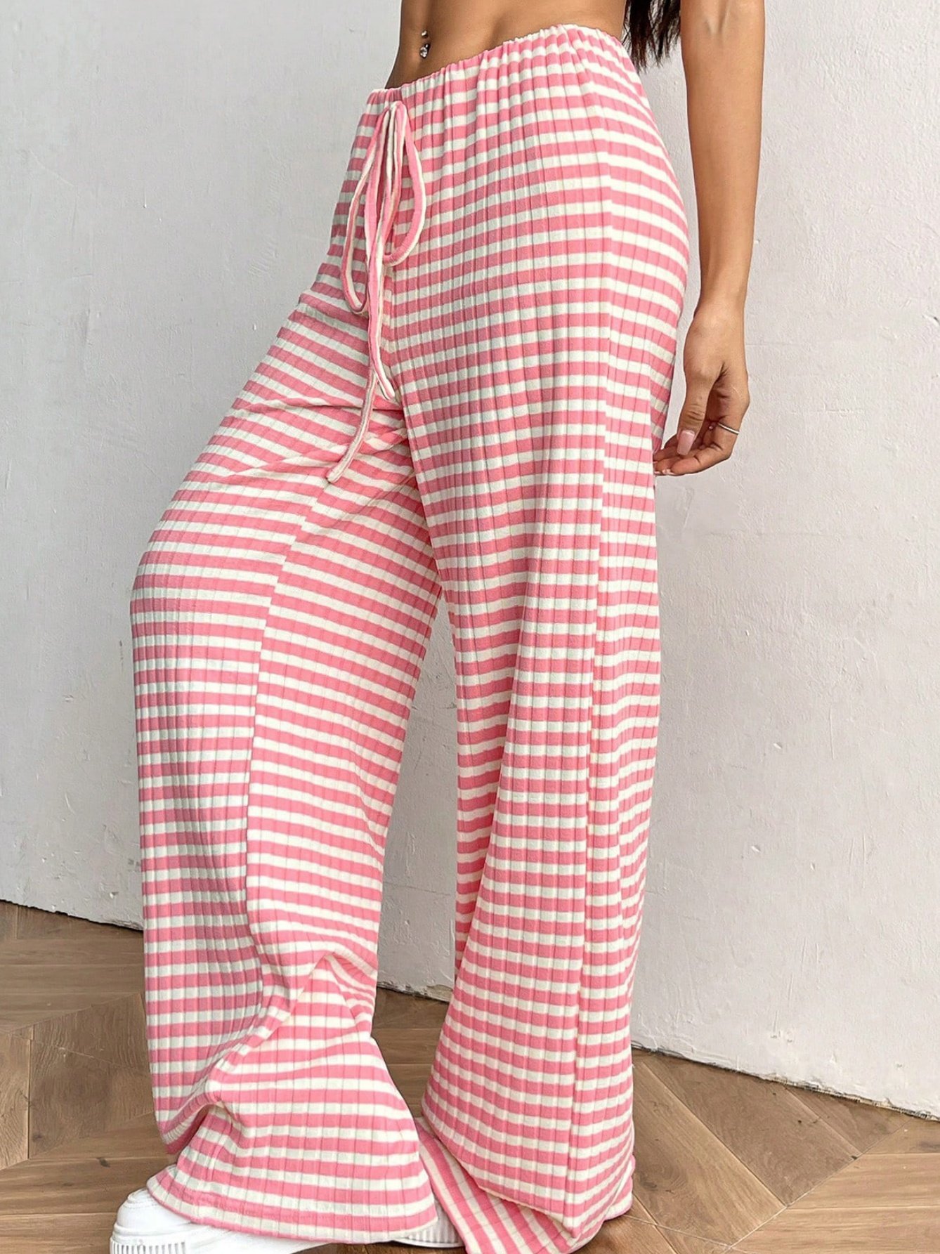 Women Striped Long Elastic Waist Pants Casual Spring/Fall Trousers