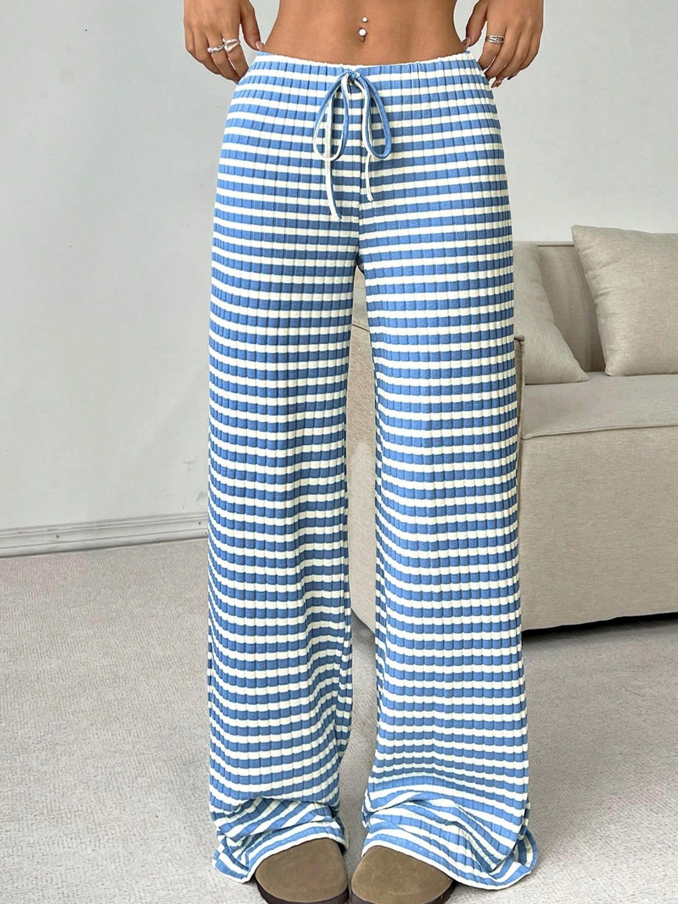Women Striped Long Elastic Waist Pants Casual Spring/Fall Trousers