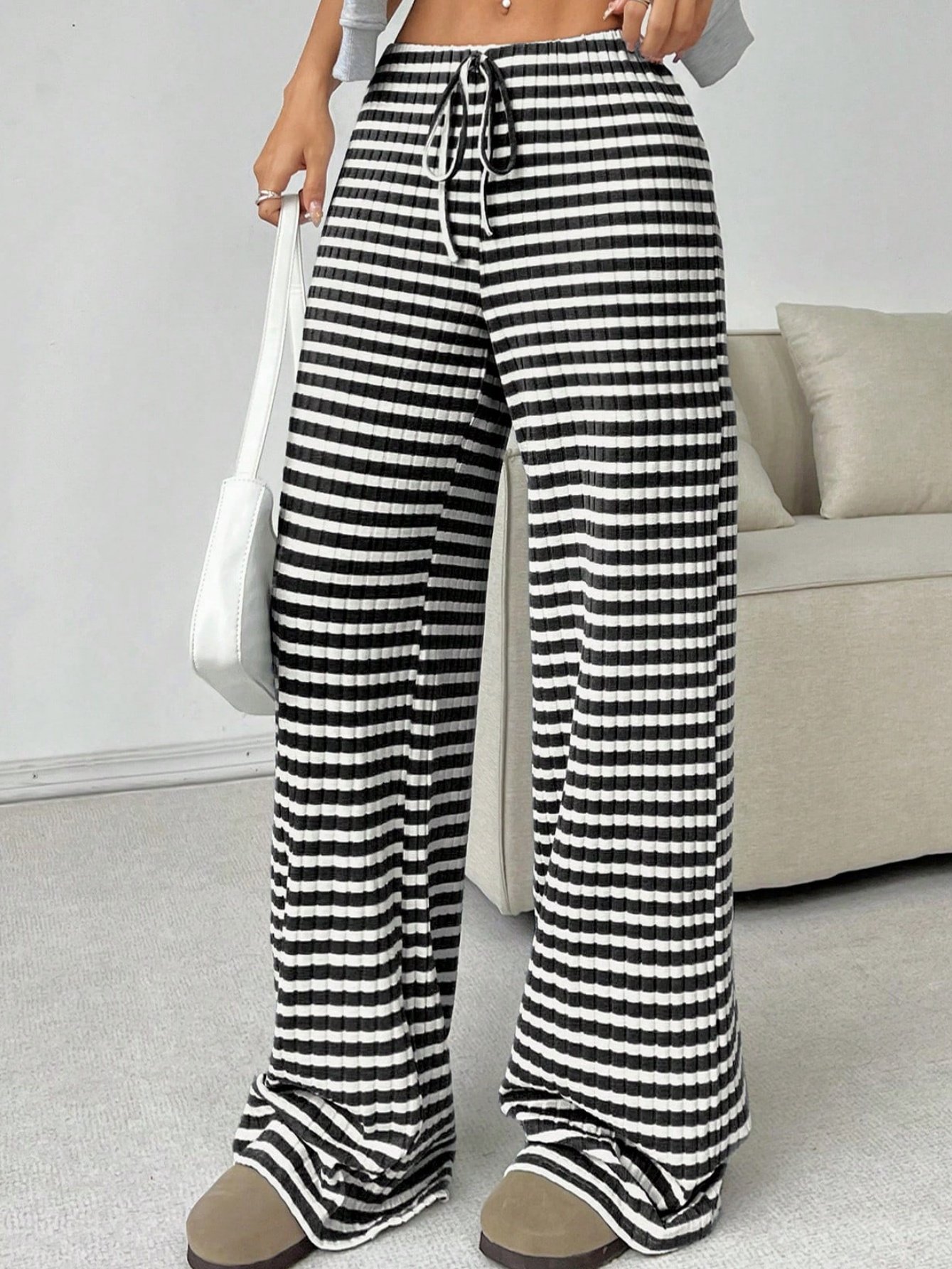 Women Striped Long Elastic Waist Pants Casual Spring/Fall Trousers