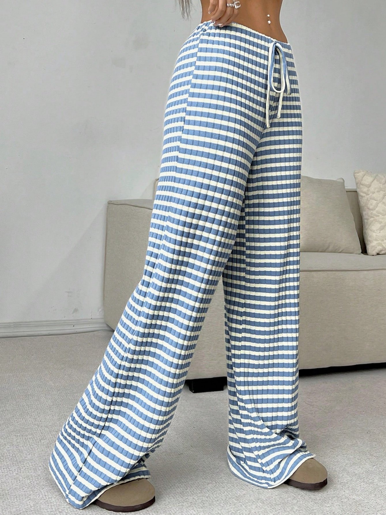 Women Striped Long Elastic Waist Pants Casual Spring/Fall Trousers