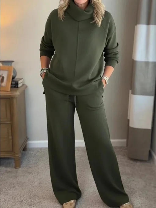 Women Plain Split Joint Two-Piece Set Daily Long Sleeve Casual Spring/Fall Top With Pants Matching Set