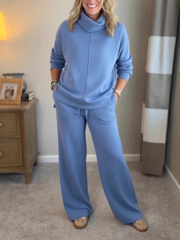 Women Plain Split Joint Two-Piece Set Daily Long Sleeve Casual Spring/Fall Top With Pants Matching Set