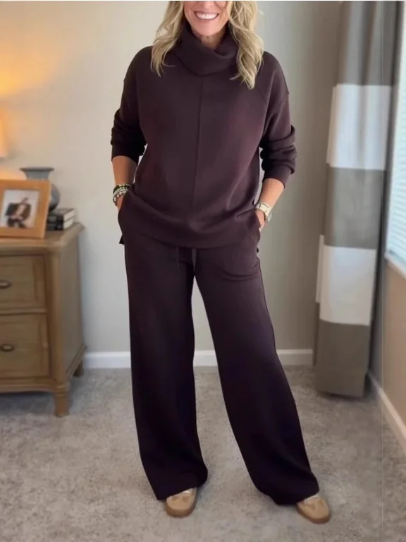 Women Plain Split Joint Two-Piece Set Daily Long Sleeve Casual Spring/Fall Top With Pants Matching Set