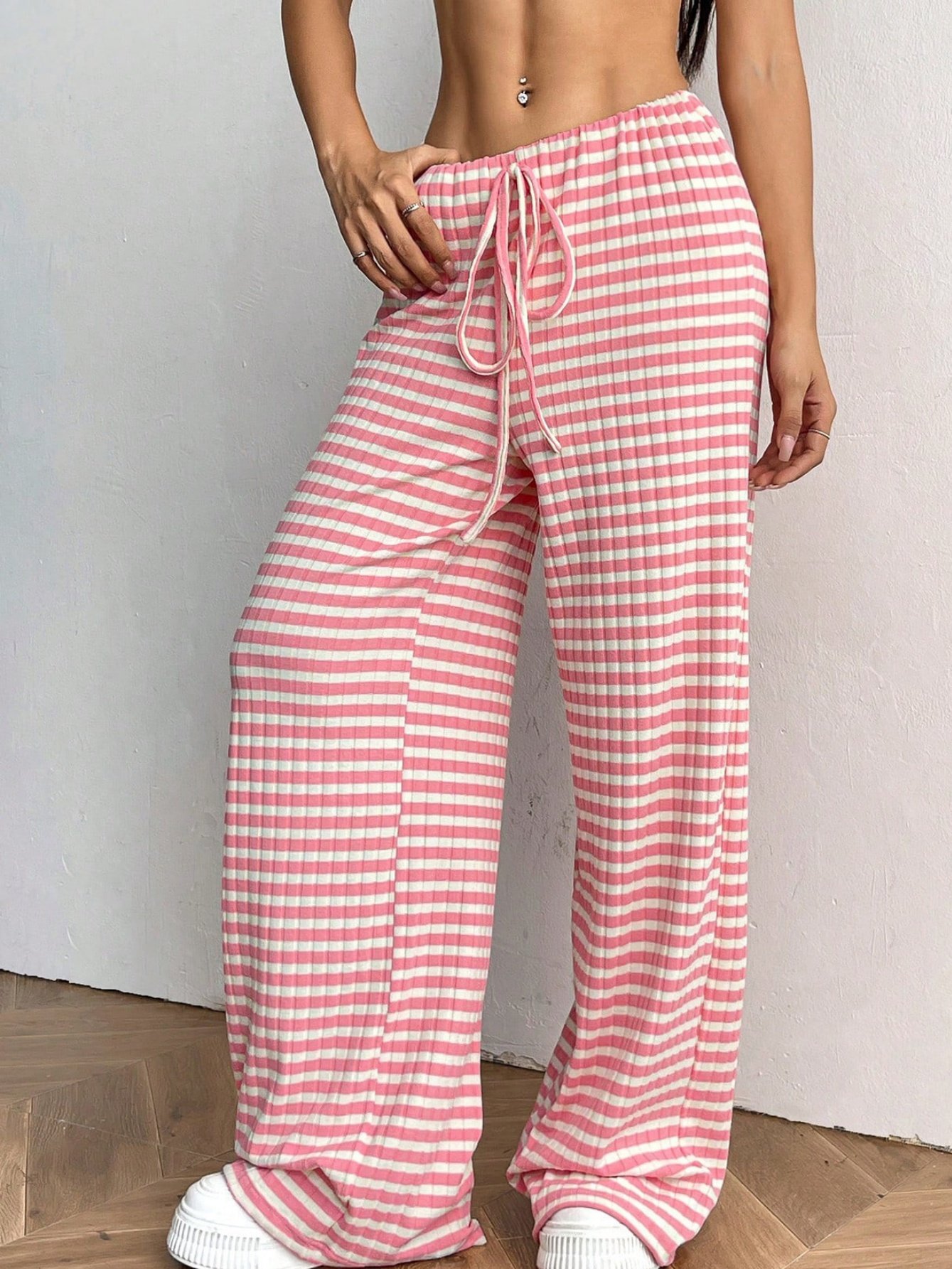 Women Striped Long Elastic Waist Pants Casual Spring/Fall Trousers