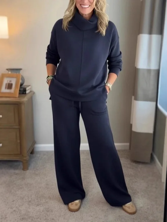 Women Plain Split Joint Two-Piece Set Daily Long Sleeve Casual Spring/Fall Top With Pants Matching Set