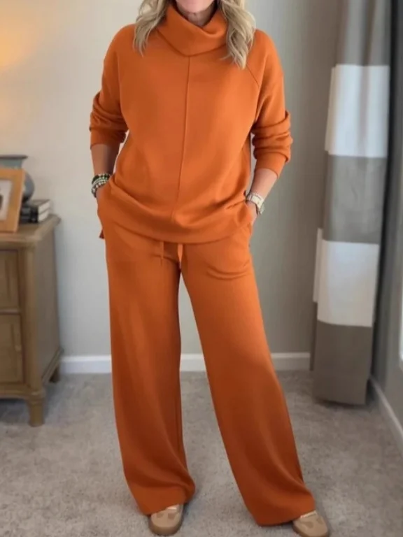 Women Plain Split Joint Two-Piece Set Daily Long Sleeve Casual Spring/Fall Top With Pants Matching Set