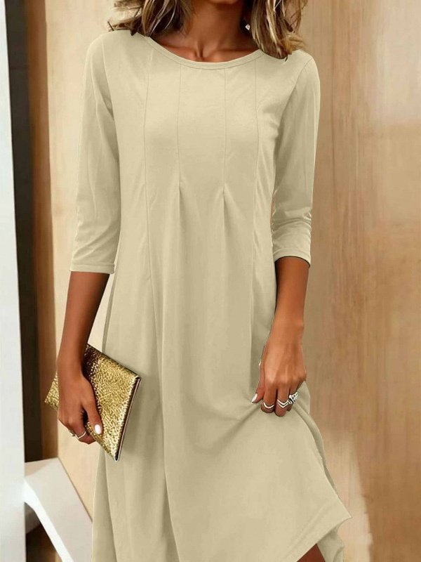 Women Plain Three Quarter Sleeve Spring/Fall Split Joint Dress Crew Neck Daily Casual Midi Tunic A-Line Dress