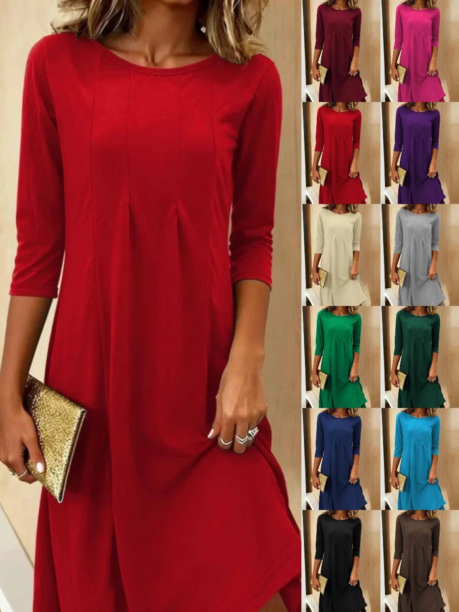 Women Plain Three Quarter Sleeve Spring/Fall Split Joint Dress Crew Neck Daily Casual Midi Tunic A-Line Dress