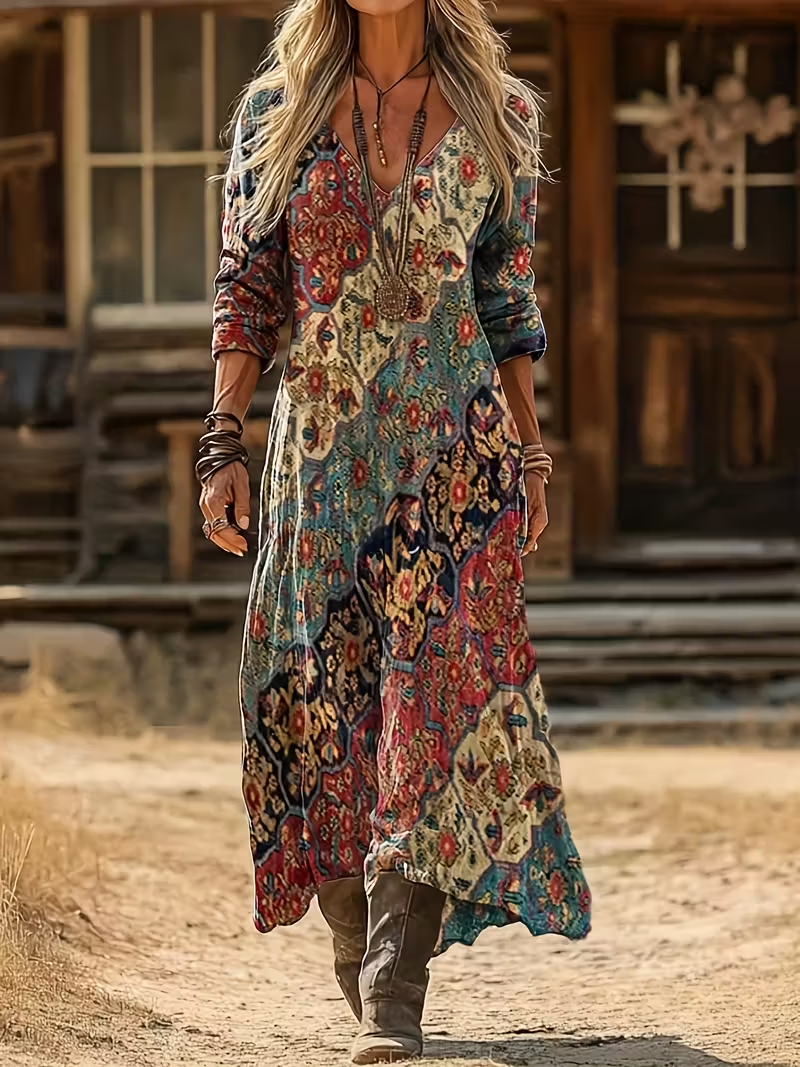 Women Abstract Long Sleeve Spring/Fall Printing Dress V Neck Daily Vintage Maxi H-Line Dress
