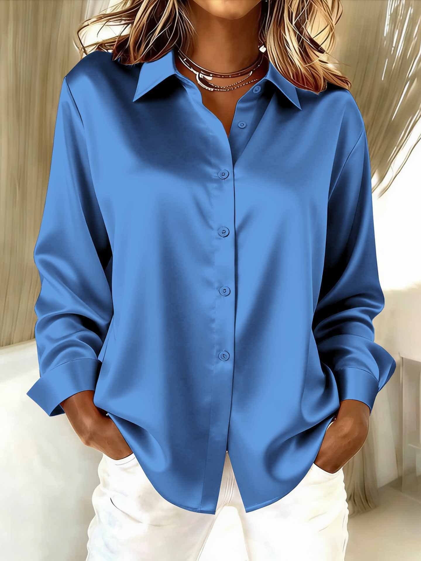 Women Plain Long Sleeve Shirt Spring/Fall Split Joint Shawl Collar Daily Casual Top
