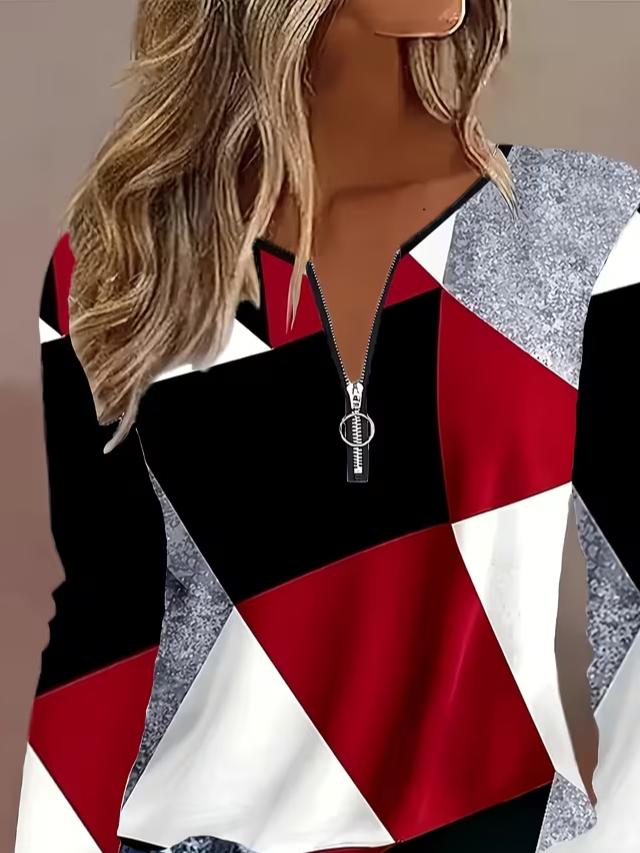 Women Abstract Long Sleeve Tee T-shirt V Neck Printing Vintage Spring/Fall Top