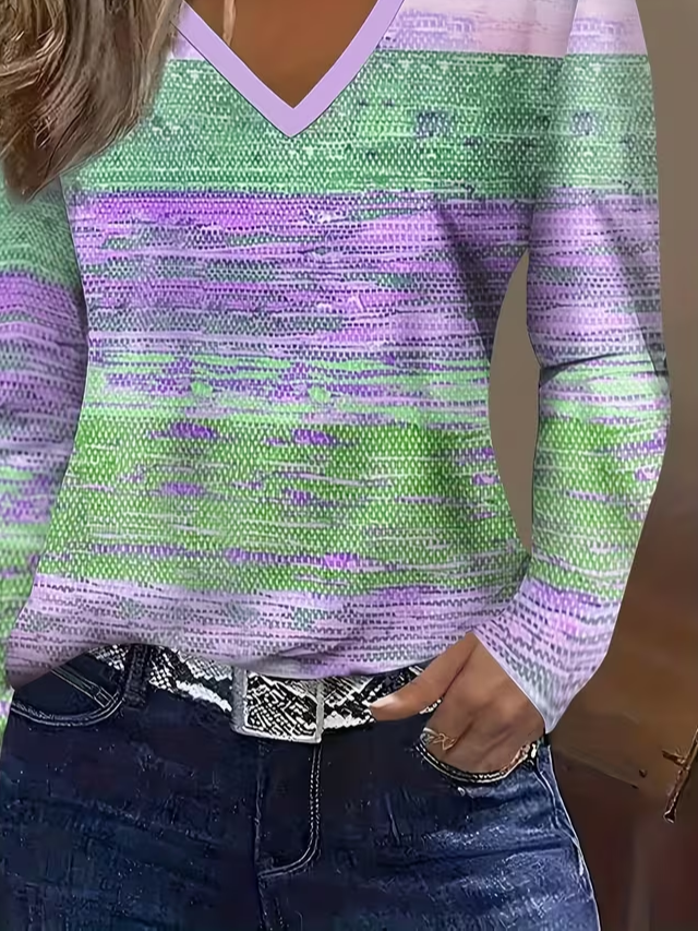 Women Abstract Long Sleeve Tee T-shirt V Neck Printing Casual Spring/Fall Graphic Tee Top