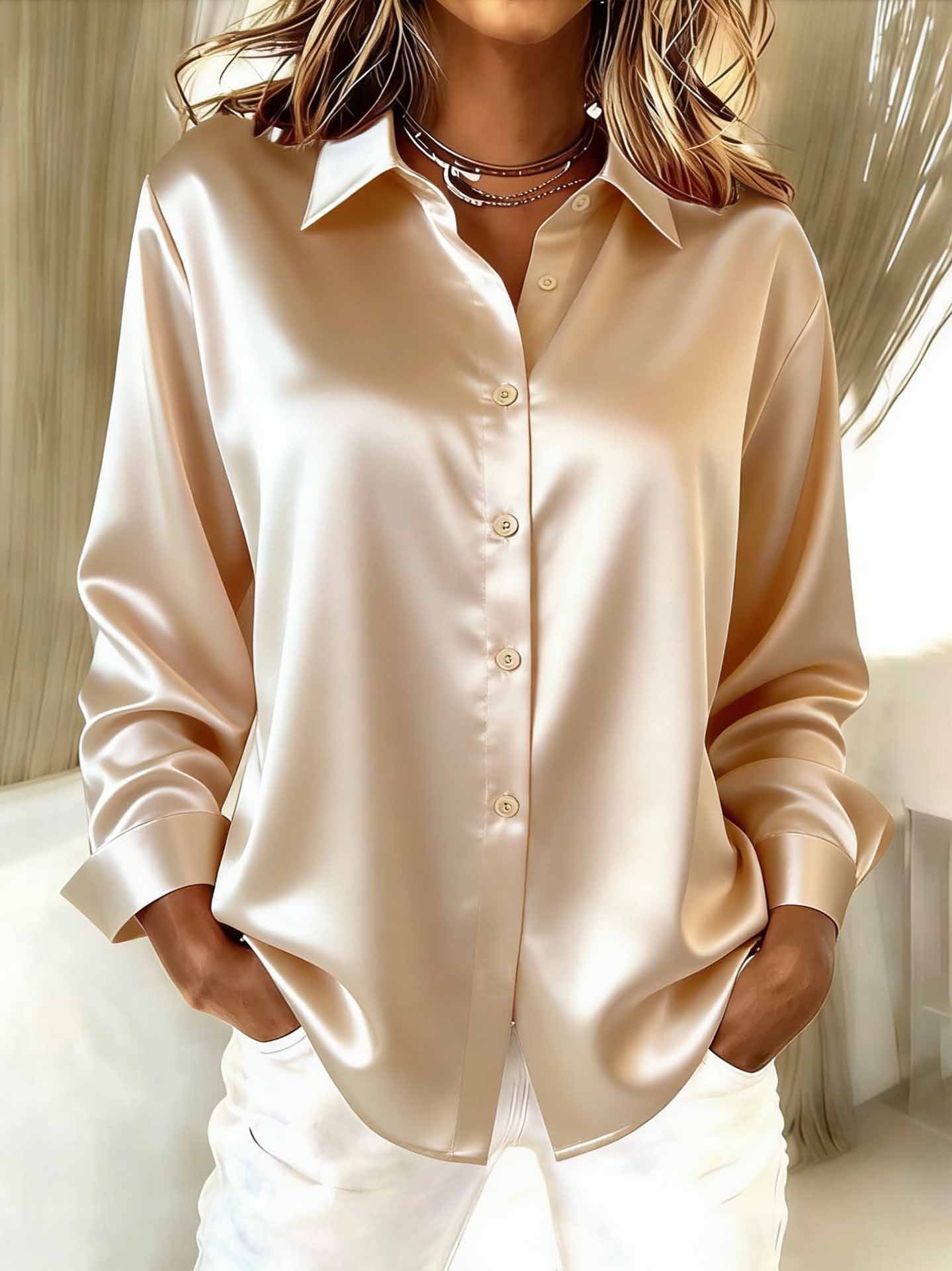 Women Plain Long Sleeve Shirt Spring/Fall Split Joint Shawl Collar Daily Casual Top