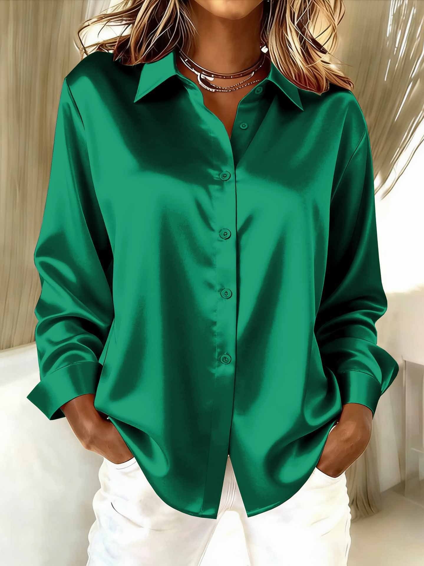 Women Plain Long Sleeve Shirt Spring/Fall Split Joint Shawl Collar Daily Casual Top