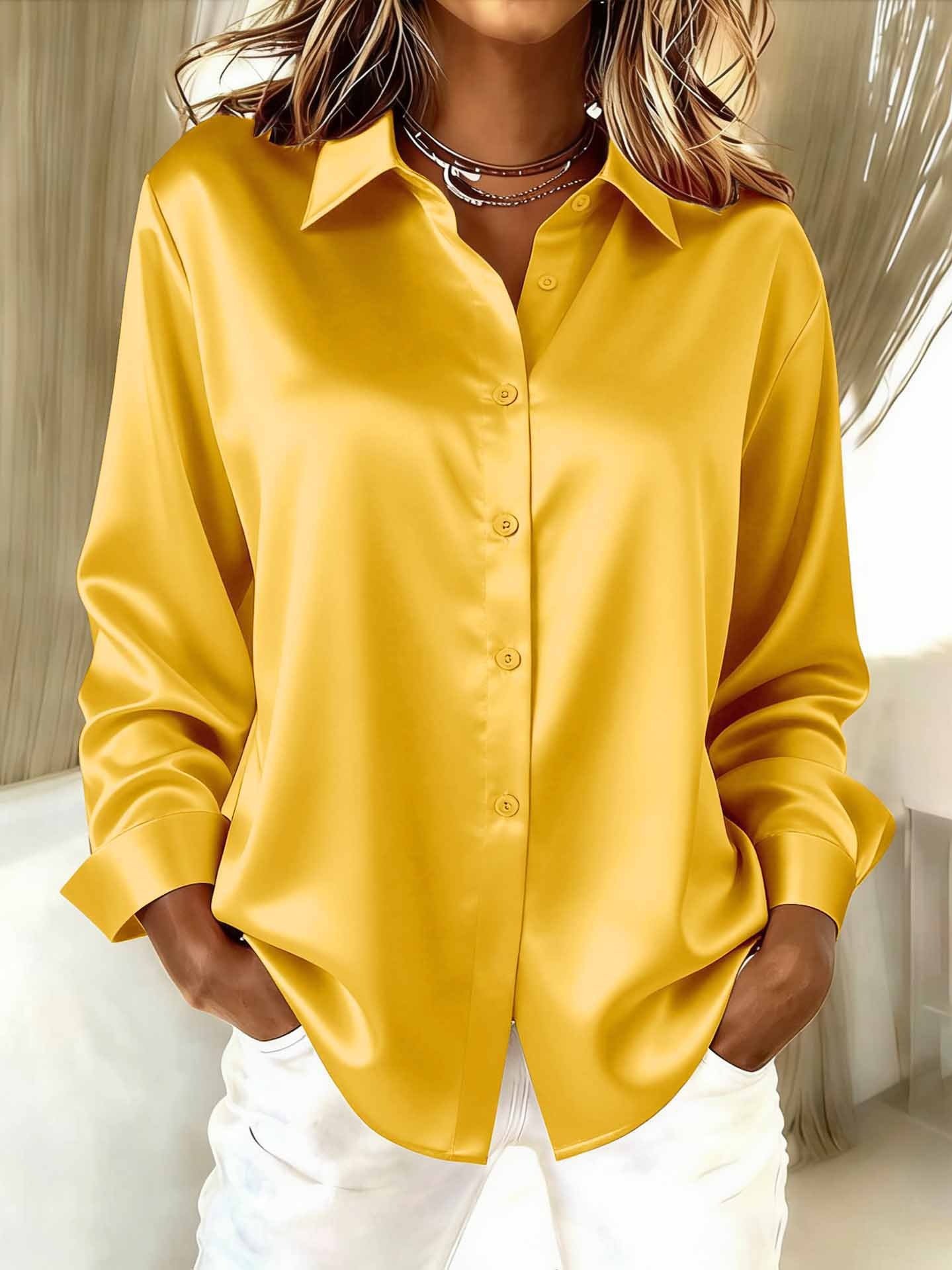 Women Plain Long Sleeve Shirt Spring/Fall Split Joint Shawl Collar Daily Casual Top