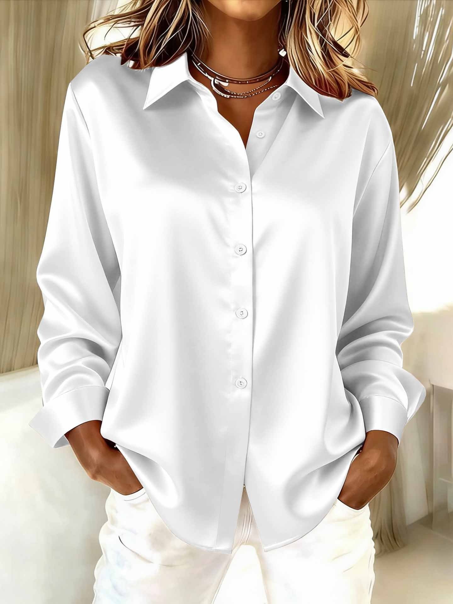 Women Plain Long Sleeve Shirt Spring/Fall Split Joint Shawl Collar Daily Casual Top