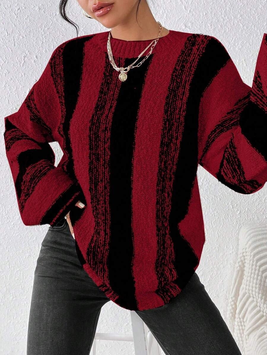 Women Striped Split Joint Winter Casual Long Sleeve Crew Neck Sweater